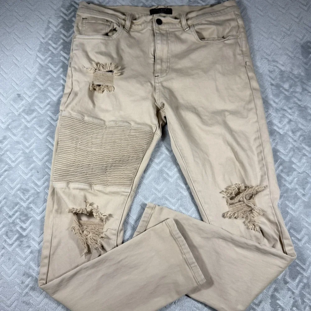 Saint Morta Men's Index Distressed Biker Jeans Sz 36x31 Moto Ripped Beige Khaki